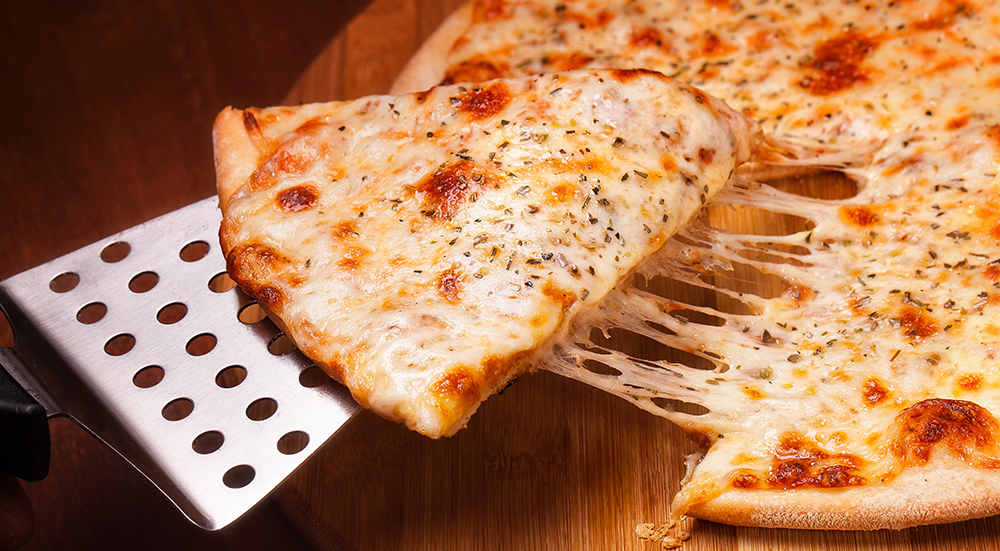 Image of a cheese pizza slice being picked up.