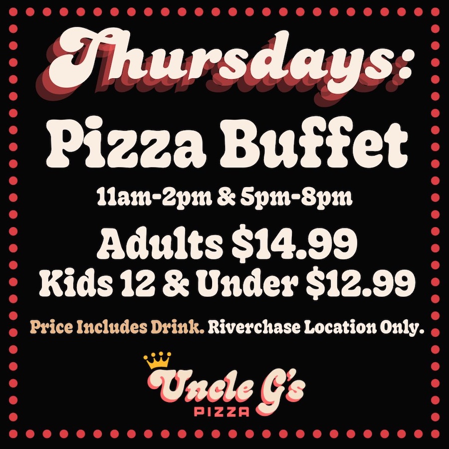 pizza buffet, Daily Specials Weekly Calendar at Uncle G's Pizza, Birmingham, Alabama, boosting slow sales days