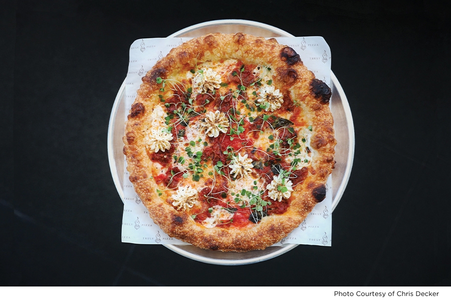 Sunday gravy pizza with ricotta, porcini bread crumb and petite arugula recipe, pizza recipe, Chris Decker, Truly Pizza, Dana Point, California