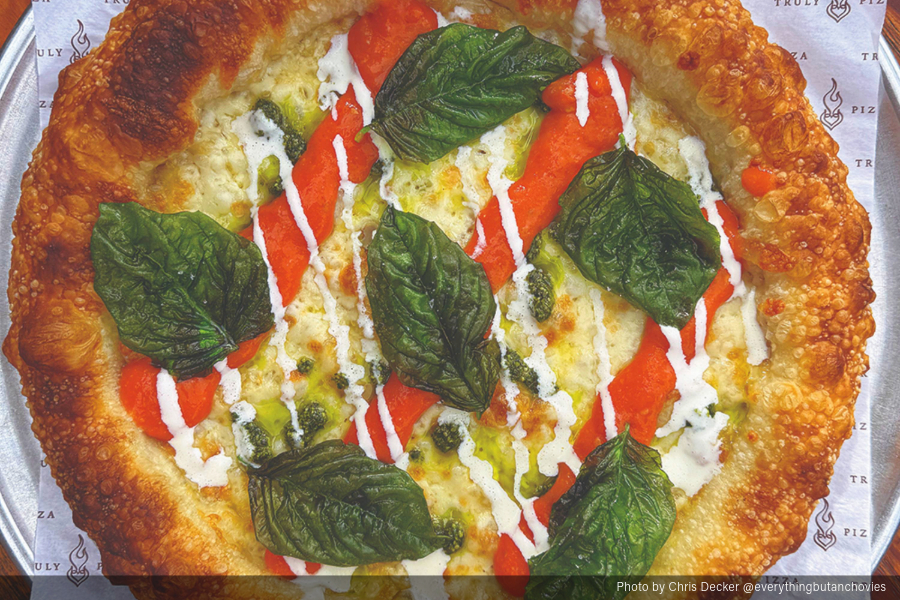 Cheese pizza recipe with burrata cream and fried basil by Chris Decker, founder of Truly Pizza in Dana Point, California