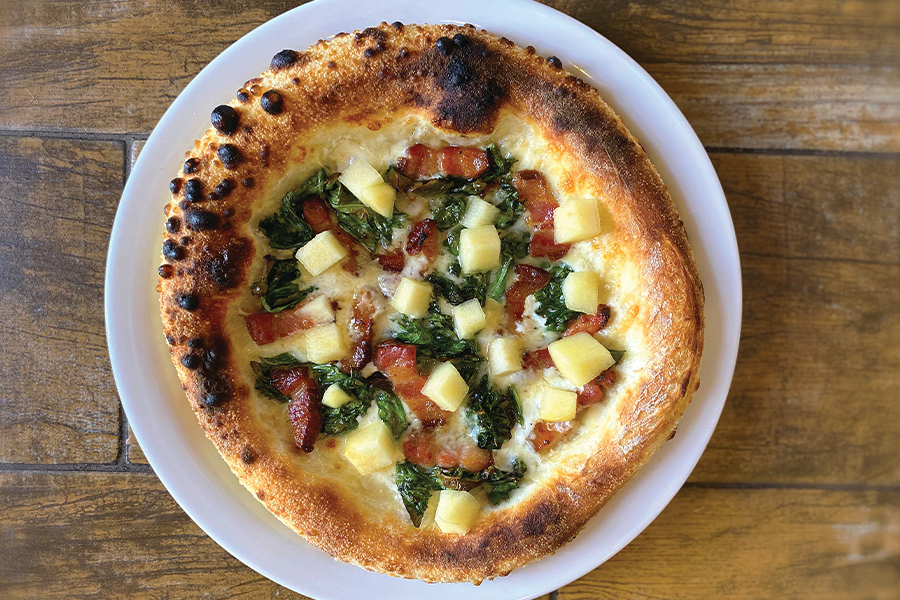 Pork Belly and Honey Crisp Apples Pizza Recipe, with mustard greens