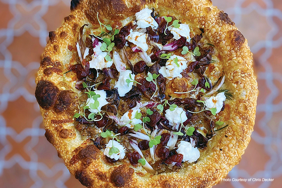 bittersweet pizza, dried cherries, champagne vinegar, radicchio, sausage, stracciatella, rosemary, micro arugula, pizza recipe