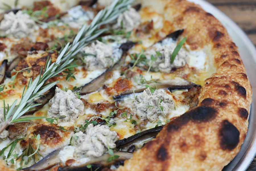 fall pizza recipe, mushroom pizza with rosemary, thyme, ricotta, celery, onion, fontina, sausage