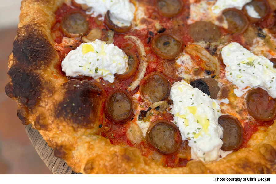 Arrabbiata Calabrian Chili and Cup and Char Sausage Pizza recipe by pizza chef Chris Decker, co-founder of Truly Pizza in Dana Point, California.