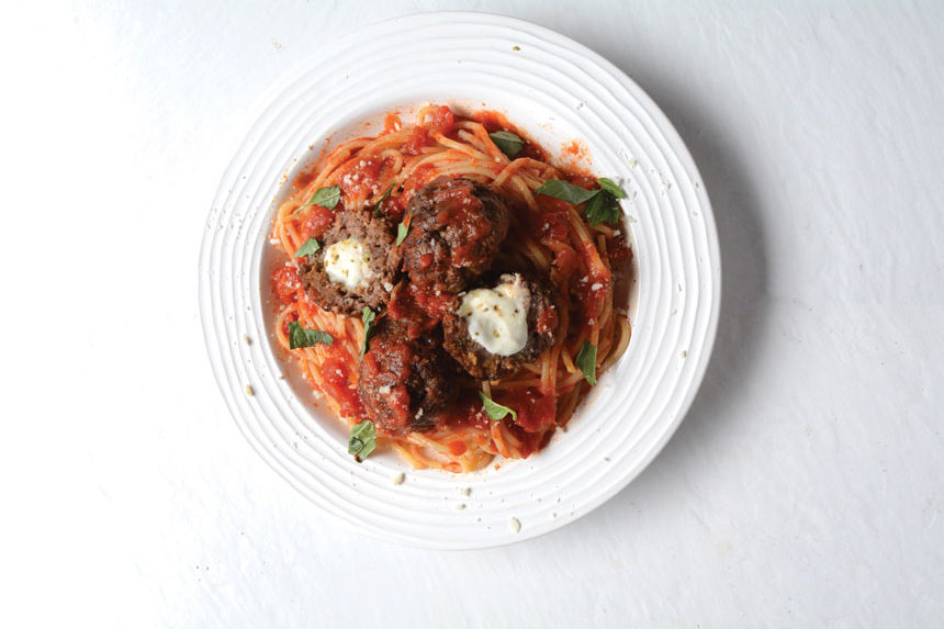 Mozzarella-stuffed Meatballs, spaghetti