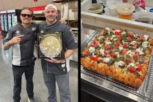 Image of Tony Cerimele displaying his Best of the Best trophy and award-winning pizza at Pizza Expo 2025.