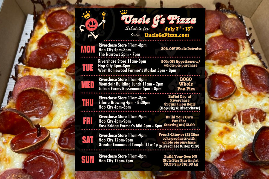 Daily Specials Weekly Calendar at Uncle G's Pizza, Birmingham, Alabama, boosting slow sales days