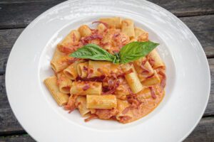 Rigatoni with Vodka Sauce and Prosciutto di Parma Cracklings