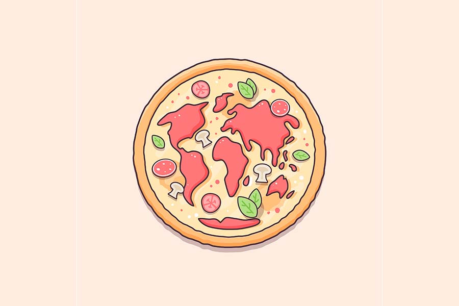 Photo of a pizza with toppings and sauce in the shape of continents to resemble the Earth.